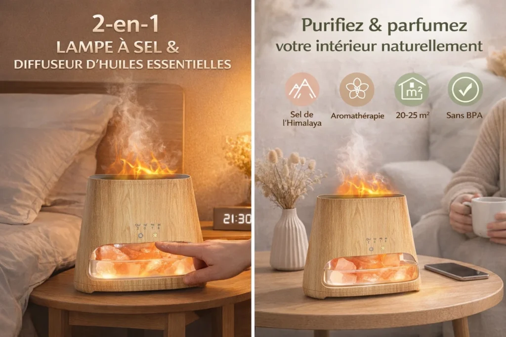 Diffuseur Humidificateur Effet Flamme SALKING allumé dans une chambre sombre avec brume fine — dodoserein.com