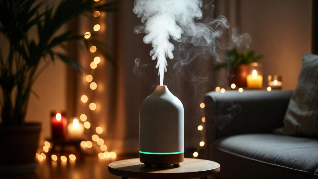 Diffuseur ultrasonique d'huiles essentielles libérant une brume blanche dans un salon cosy, bougies allumées et lumière douce, ambiance aromathérapie relaxante