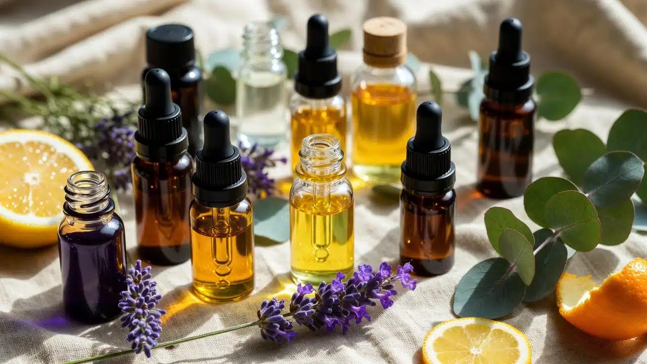 Flacons d'huiles essentielles pour diffuseur : lavande vraie, citron et eucalyptus radié