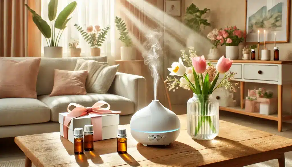 coffret huile essentielle cadeau Pâques 2026 avec fleurs printanières sur marbre blanc — aromazenia.com