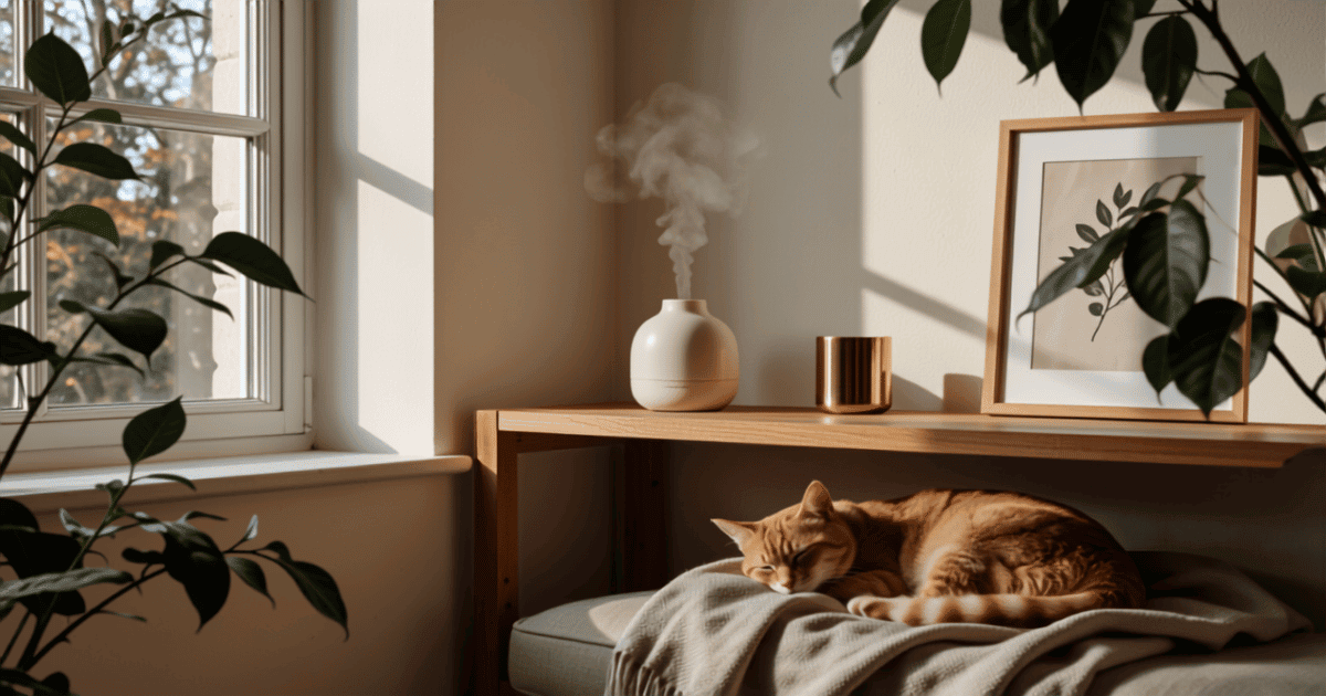 Diffuseur huile essentielle chat : diffuseur ultrasonique posé en hauteur et chat allongé à distance dans un salon