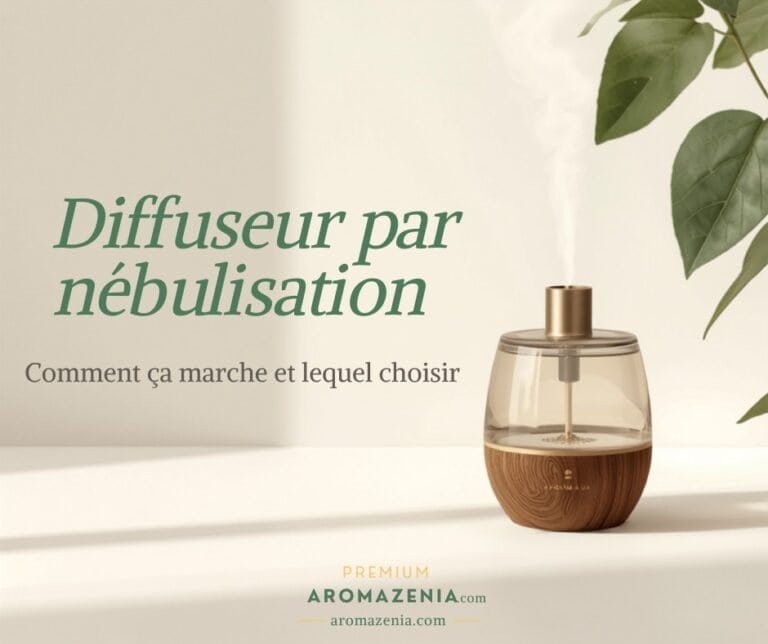 Diffuseur par nébulisation en verre et bois diffusant une fine brume d'huile essentielle