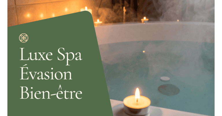 Baignoire spa luxueuse avec eau tiède, vapeur douce, flacon ambré d'huile essentielle, pétales de lavande et bougie allumée — ambiance cocooning pour bain aux huiles essentielles