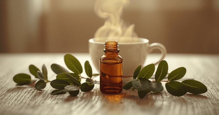 Flacon d'huile essentielle de ravintsara et feuilles fraîches avec une tisane, ambiance hivernale