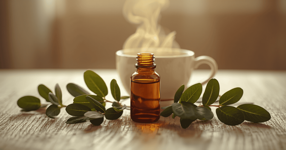 Flacon d'huile essentielle de ravintsara et feuilles fraîches avec une tisane, ambiance hivernale