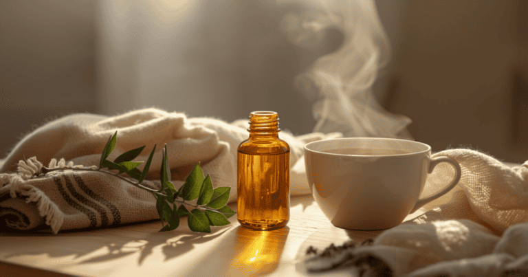 Flacon d'huile essentielle de ravintsara avec tisane chaude et plaid, ambiance hivernale