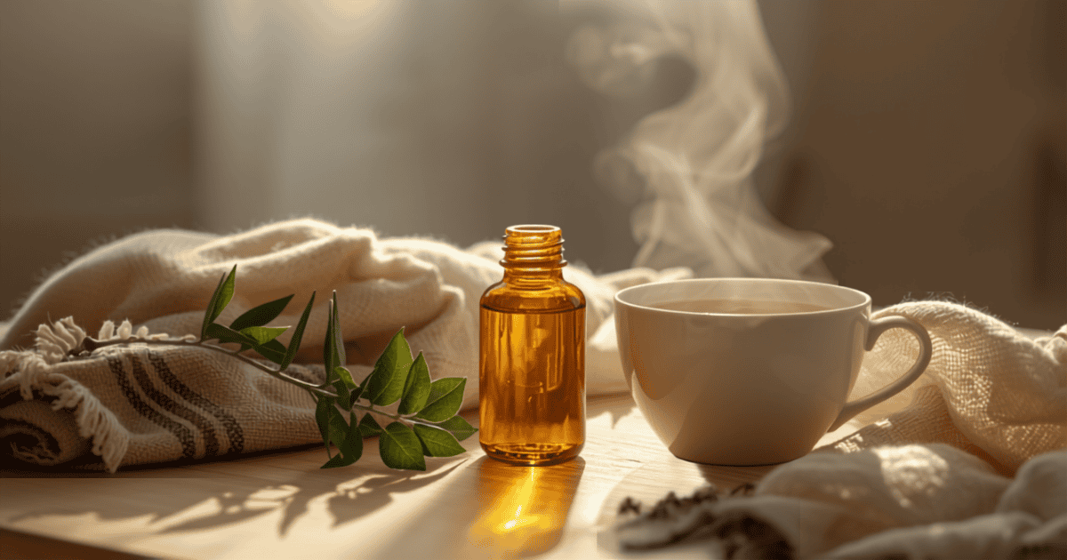 Flacon d'huile essentielle de ravintsara avec tisane chaude et plaid, ambiance hivernale
