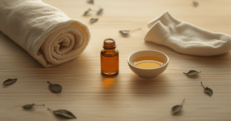Flacon d'huile essentielle de ravintsara, bol d'huile végétale et chaussettes pour un massage des pieds du soir