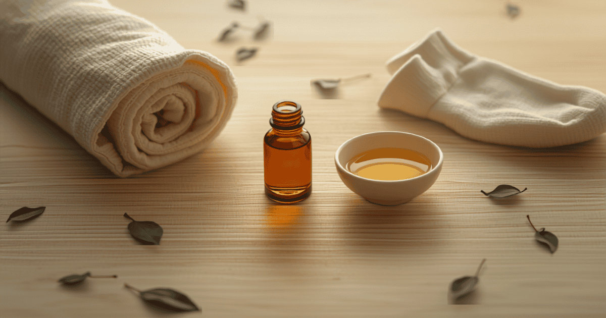 Flacon d'huile essentielle de ravintsara, bol d'huile végétale et chaussettes pour un massage des pieds du soir
