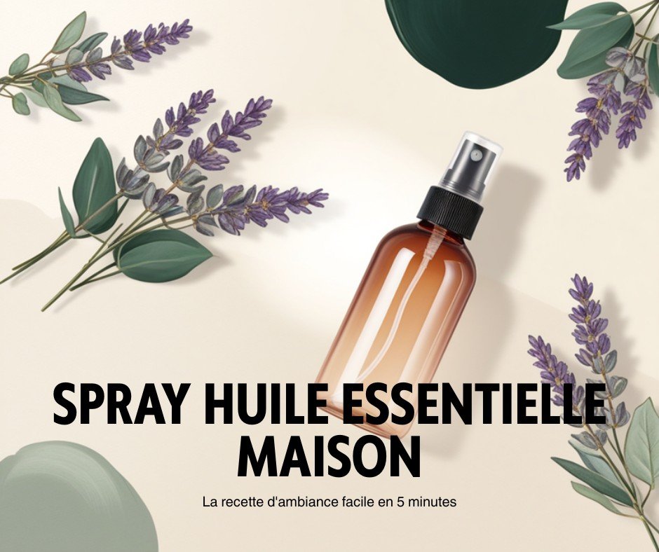 Spray huile essentielle maison dans un flacon ambré avec lavande et eucalyptus