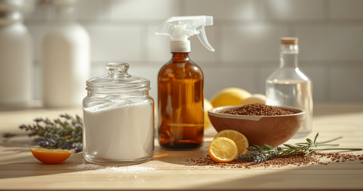 Désodorisants naturels maison : pot de bicarbonate, vaporisateur, marc de café, vinaigre blanc et agrumes sur un plan de travail