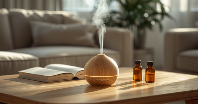 Diffuseur en bois et bambou diffusant une brume sur une table basse, ambiance salon cosy