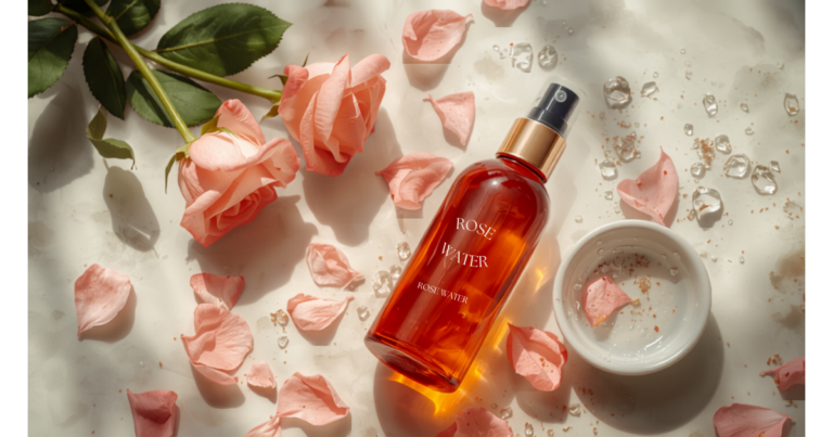 Flacon d'eau de rose en verre ambré avec roses fraîches et pétales, ambiance cosmétique naturelle élégante