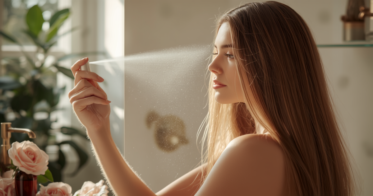 Femme vaporisant une brume d'eau de rose sur ses cheveux longs brillants, flacon ambré et roses fraîches