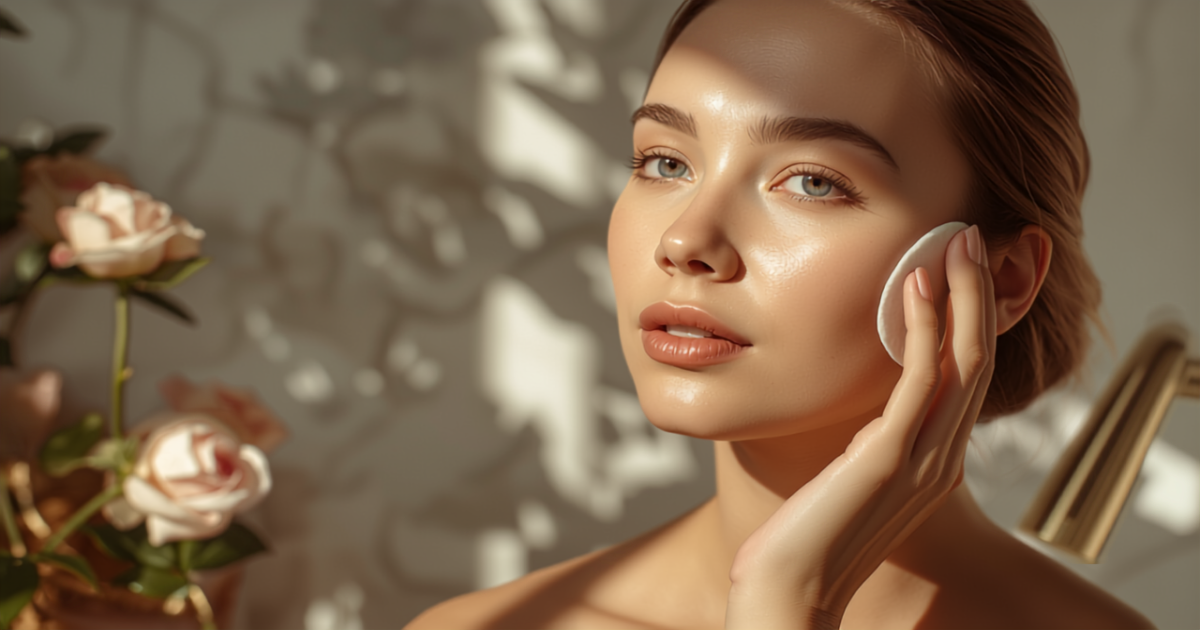 Application d'eau de rose sur le visage en brume, flacon ambré et roses fraîches, ambiance soin naturel lumineux