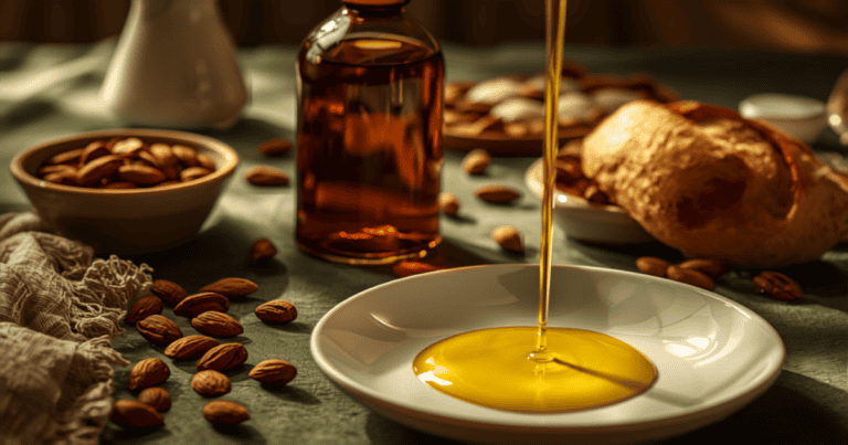 Bouteille d'huile d'argan alimentaire, bol d'amlou et amandes torréfiées sur une table de petit-déjeuner marocain