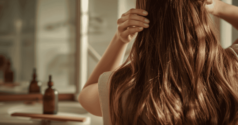 Application d'huile d'argan sur cheveux longs brillants, flacon ambré et brosse en bois, salle de bain lumineuse