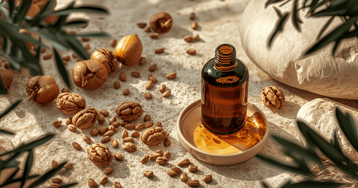 Flacon d'huile d'argan en verre ambré avec amandons et coupelle d'huile dorée, ambiance cosmétique naturelle