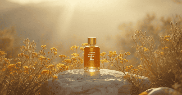 Flacon d'huile essentielle d'immortelle et fleurs jaune doré d'hélichryse italienne dans le maquis méditerranéen