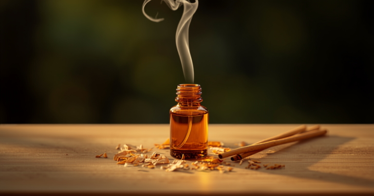 Flacon d'huile essentielle de santal en verre ambré, copeaux de bois de santal et fine volute d'encens dans une ambiance chaleureuse