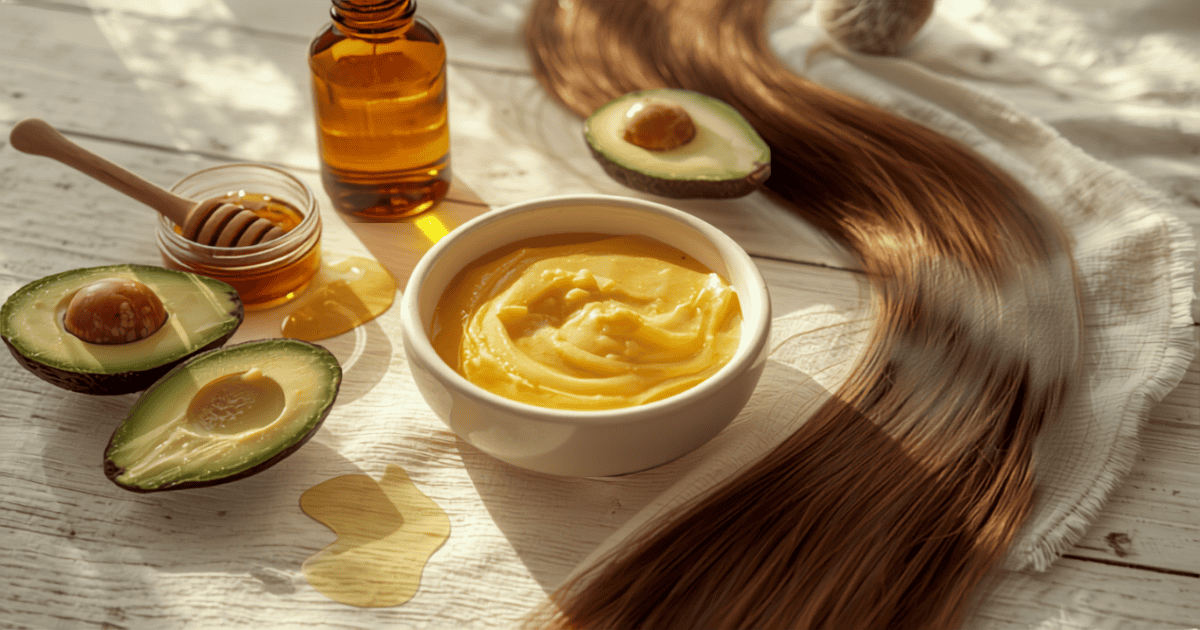 Masque cheveux maison à l'huile d'argan dans un bol avec avocat, miel et flacon d'argan, ambiance soin naturel