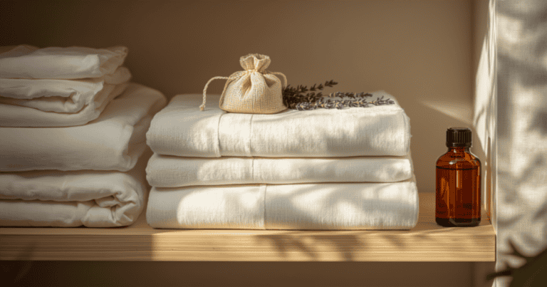 Linge blanc plié dans une armoire avec sachet de lavande séchée et flacon d'huile essentielle, parfum de linge naturel