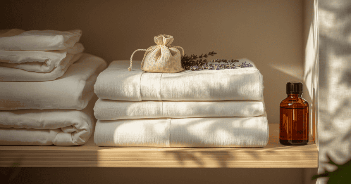 Linge blanc plié dans une armoire avec sachet de lavande séchée et flacon d'huile essentielle, parfum de linge naturel