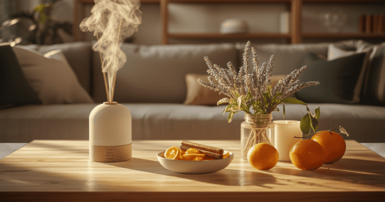 Diffuseur, pot-pourri d'agrumes, lavande et bougie naturelle sur une table en bois, parfumer sa maison naturellement