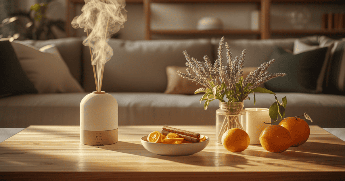 Diffuseur, pot-pourri d'agrumes, lavande et bougie naturelle sur une table en bois, parfumer sa maison naturellement