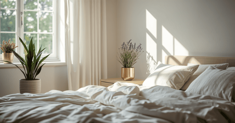 Chambre cosy avec sansevière, lavande en pot et plante verte, ambiance sereine propice au sommeil