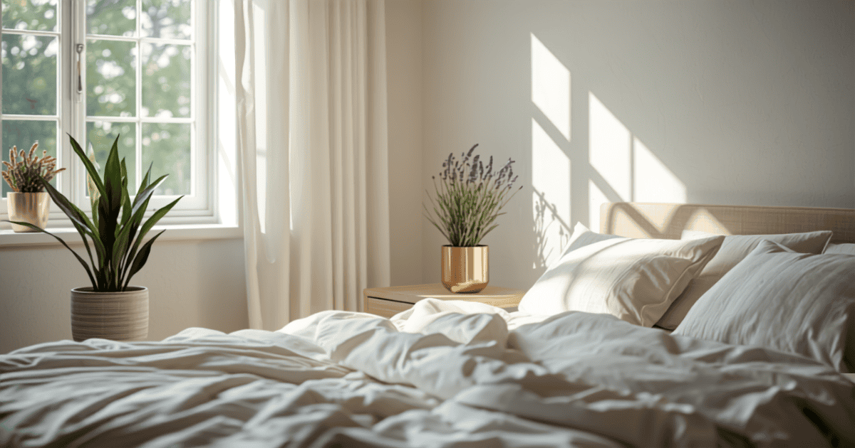 Chambre cosy avec sansevière, lavande en pot et plante verte, ambiance sereine propice au sommeil