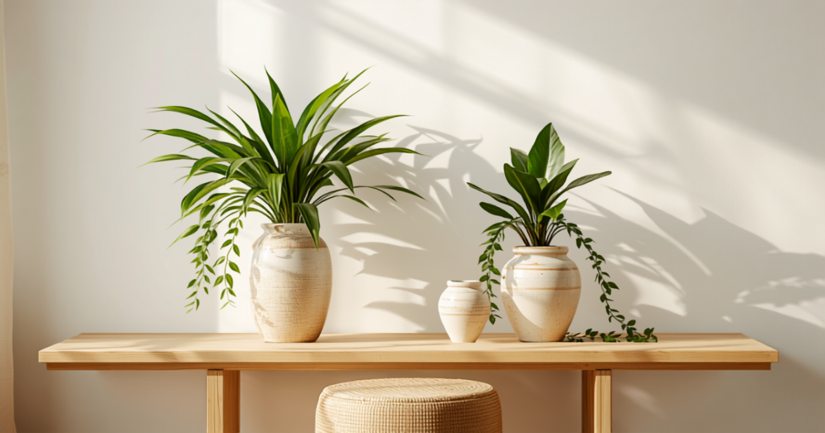 Salon lumineux avec chlorophytum, sansevière et pothos en pots, ambiance végétale apaisante