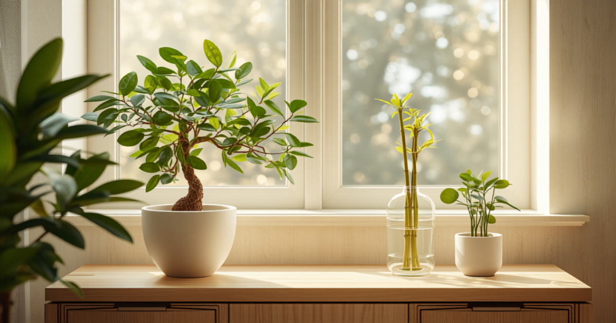 Pachira au tronc tressé, crassula, lucky bamboo et pilea sur une console en bois, plantes d'intérieur porte-bonheur