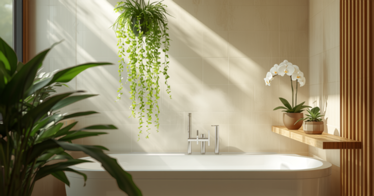 Salle de bain spa avec fougère de Boston en suspension, pothos, orchidée et tillandsia, ambiance végétale humide