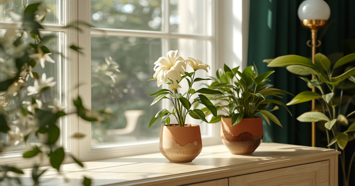 Plantes qui sentent bon en pots près d'une fenêtre : jasmin d'intérieur, gardénia et géranium odorant