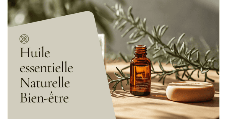 Flacon d'huile essentielle de tea tree, rameaux d'arbre à thé et savon naturel sur une table en bois clair