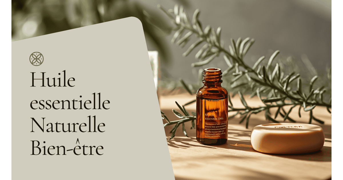 Flacon d'huile essentielle de tea tree, rameaux d'arbre à thé et savon naturel sur une table en bois clair