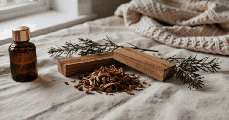 Cèdre de l'Atlas : copeaux et blocs de bois de cèdre avec un flacon d'huile essentielle ambré