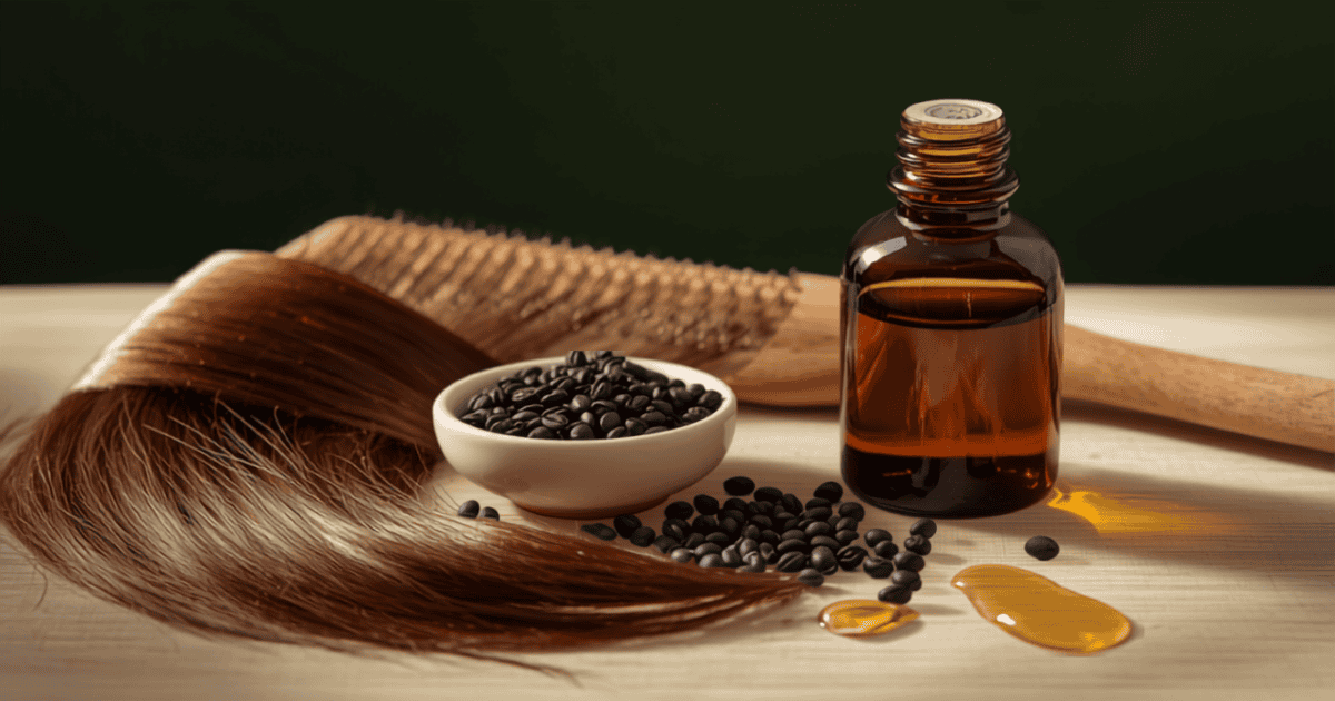 Flacon d'huile de nigelle en verre ambré avec graines de cumin noir et mèches de cheveux brillants, soin capillaire naturel