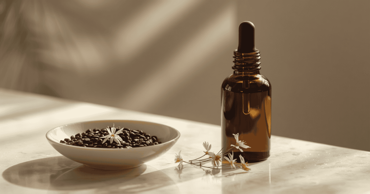 Flacon d'huile de nigelle avec pipette, graines de cumin noir et fleurs de nigelle, soin du visage naturel épuré