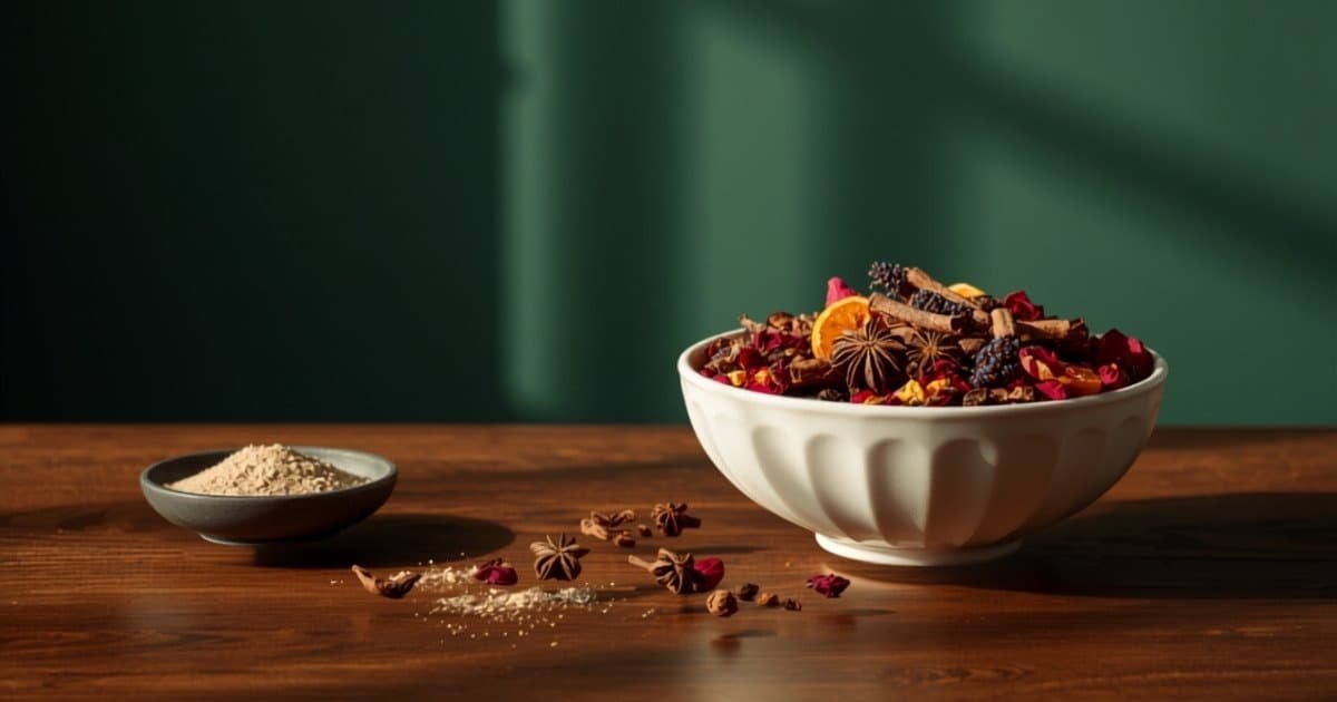 pot pourri maison en coupe avec fleurs séchées, orange et cannelle