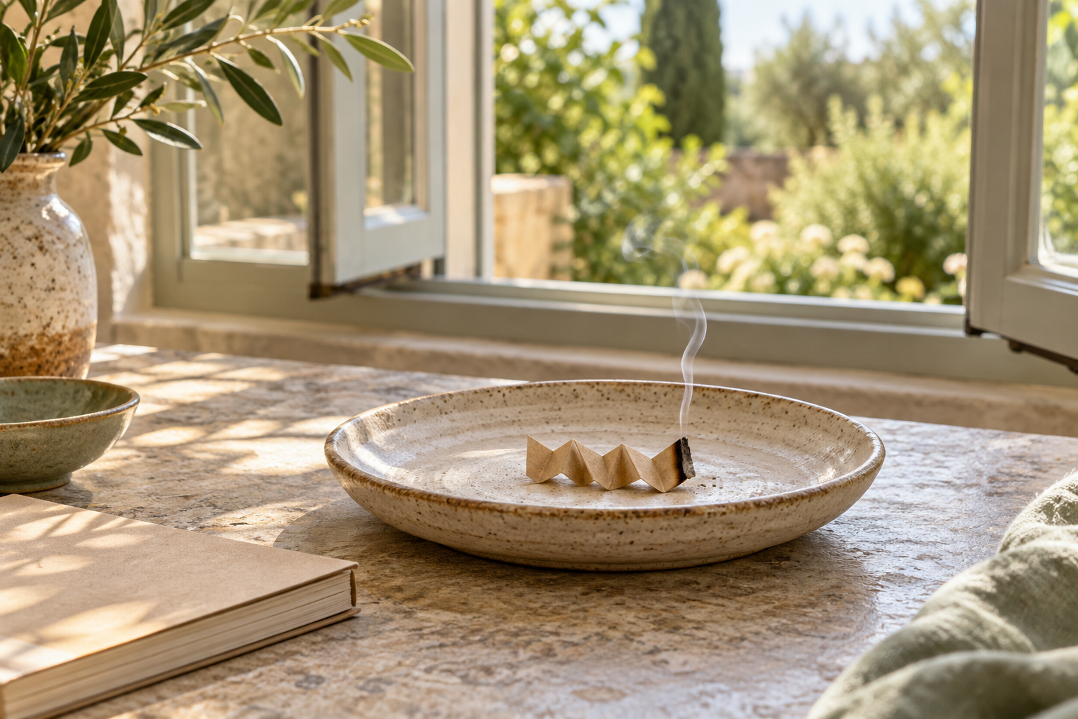Lamelle de papier parfumé se consumant sans flamme dans une coupelle, près d’une fenêtre ouverte.