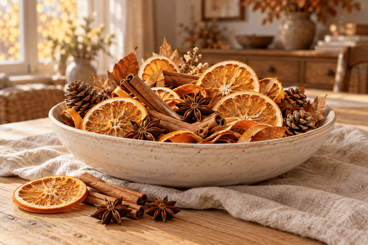Pot-pourri d’automne dans une coupe en céramique, composé de tranches d’orange séchées, de cannelle, de badiane et de pommes de pin.